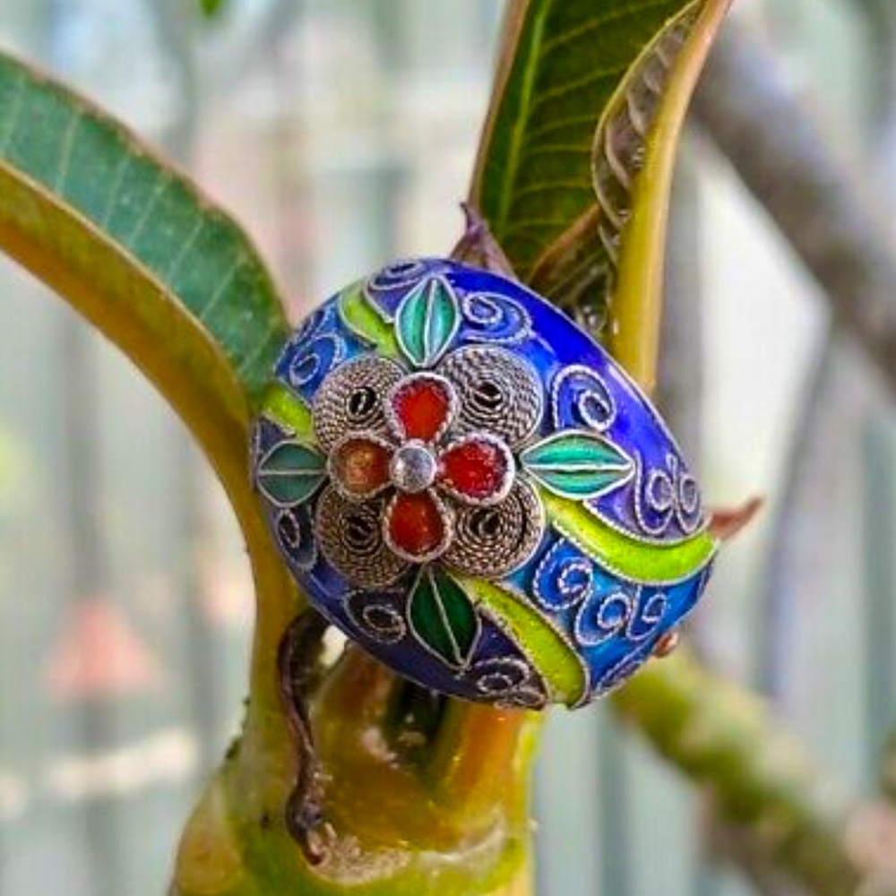 Antique Chinese Womens Ring Enamel Sterling Silver Gilt Cloisonne Blue Flower
